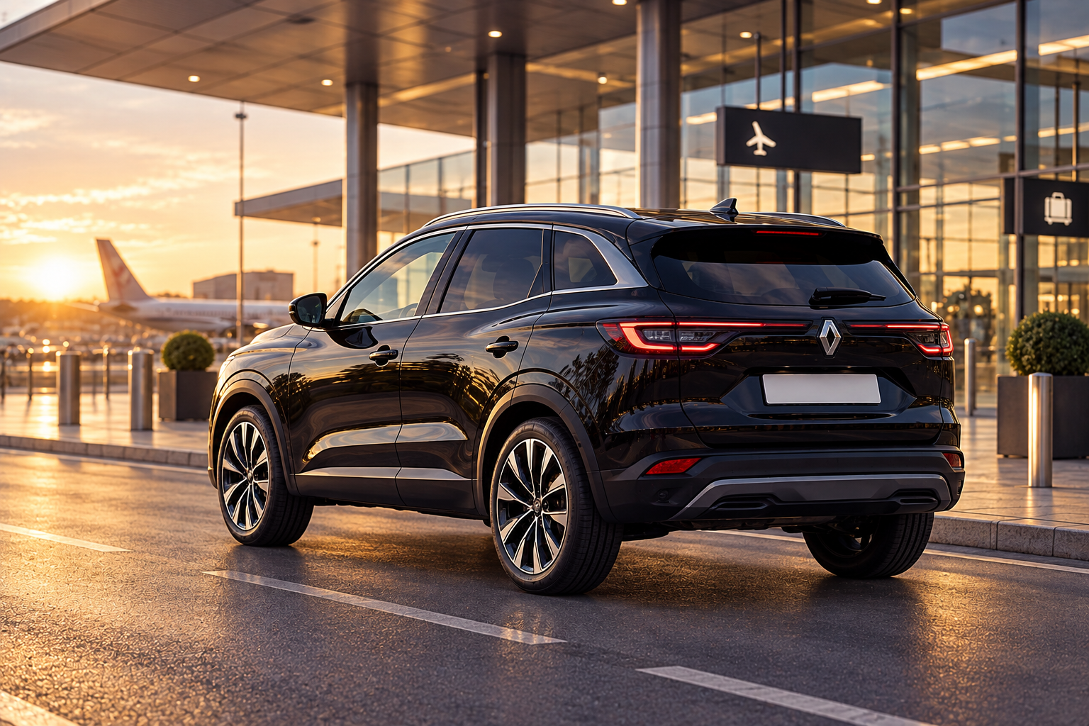 Illustration of a black Renault Austral at an airport in warm morning light
