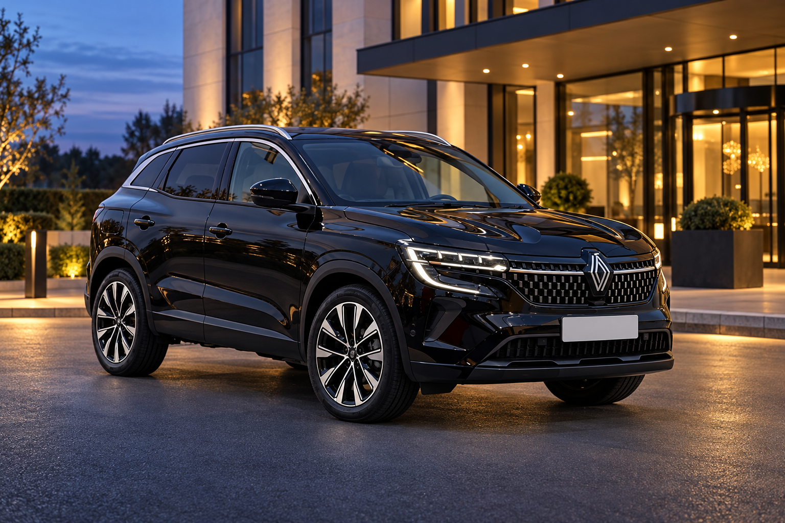 Illustration of a black Renault Austral outside a hotel