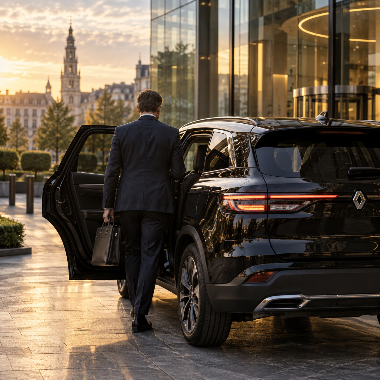 Illustrative business traveller beside a black vehicle outside an office building